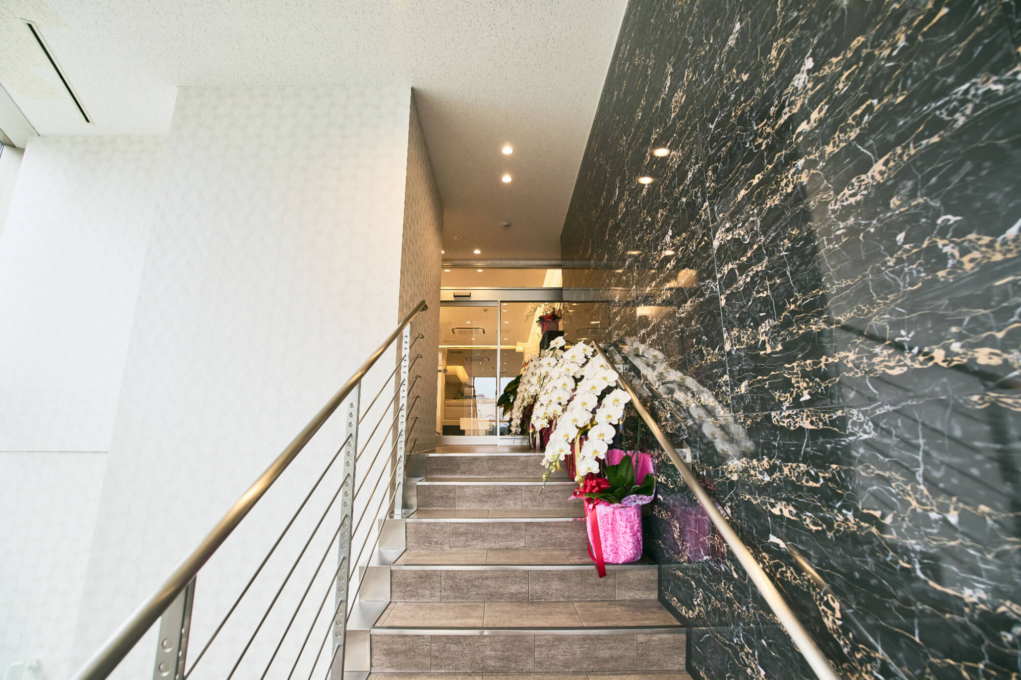 大理石の壁面が美しいクリニックのエントランス階段